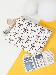 Fashion bow printed women's short wallet, portable metal heart-shaped tassel decorated small wallet, simple multi slot snap wallet, triple fold wallet, suitable for gift giving