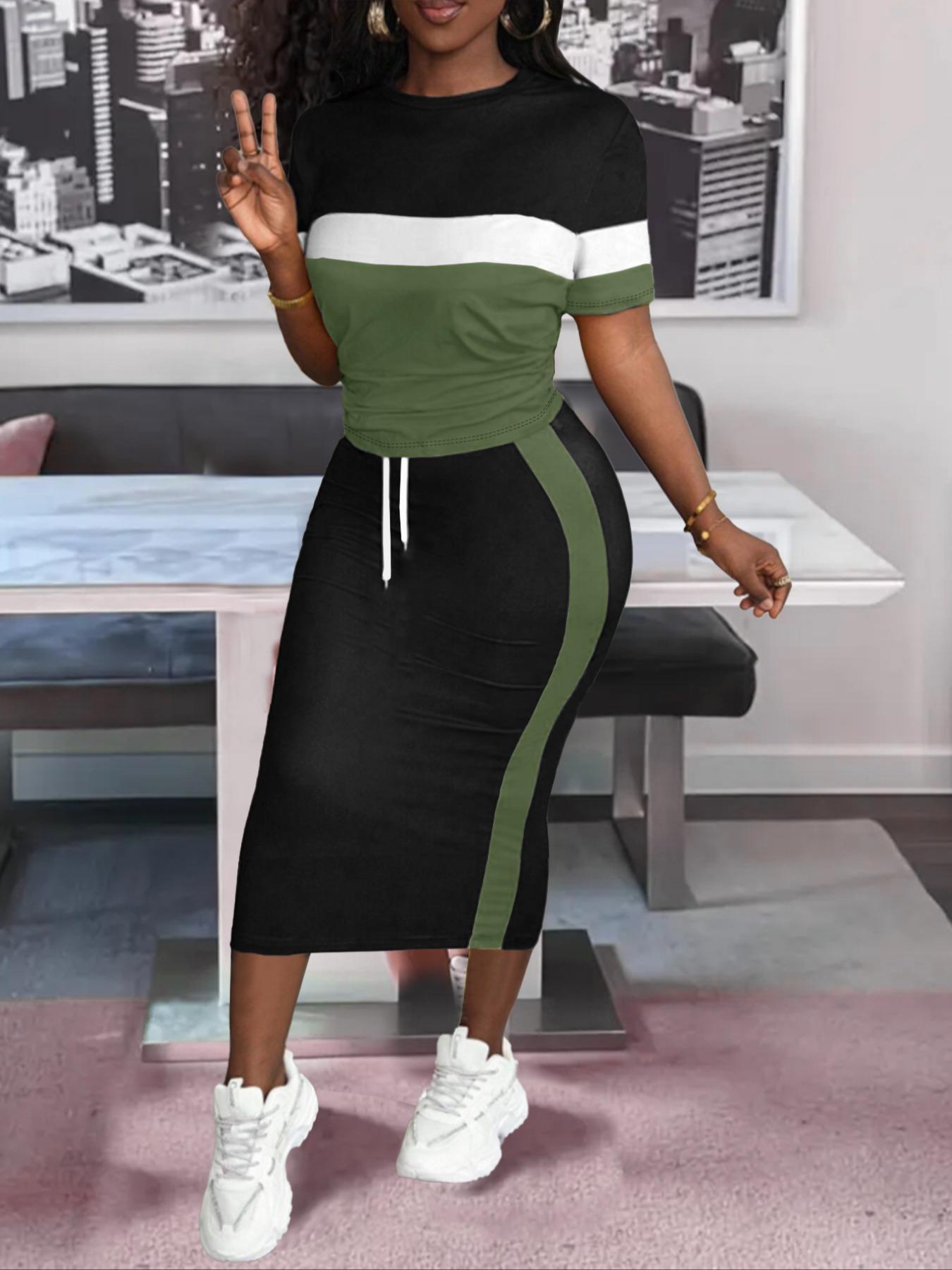 Women's Colorblock Print Two-piece Set, Casual Fashion Cozy Round Neck Tee & Skirt for Daily Outdoor Wear, Women Clothing for Spring Fall, Casual Matching Set