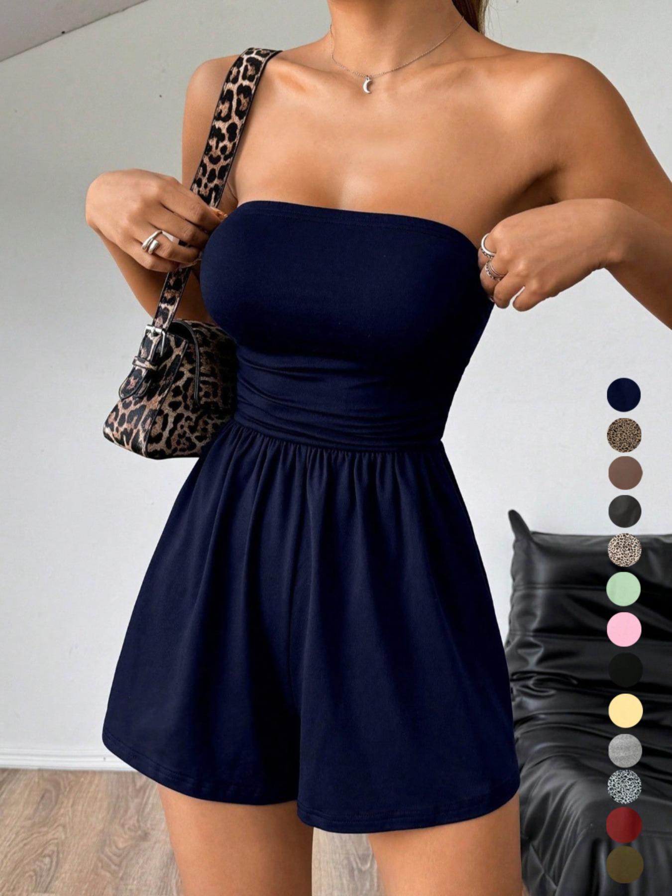 LovelyWholesale，Women's Plain Leopard Print Sleeveless Fitted Tube Romper, Casual Fashion Strapless Romper for Spring And Summer, Women's Clothes for Daily Wear