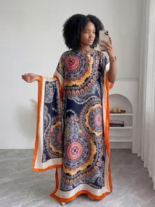 2 Piece Set Sexy Fashion Full Print Robe Hooded Shawl, Moomoo Long Dress + Long Head Scarf Hairband, Women Beach Sun Protection Silk Scarf