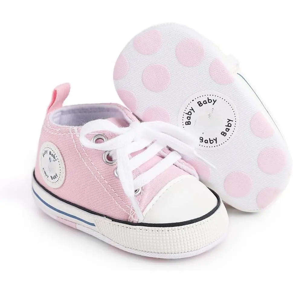 Unisex Baby Canvas High-top Sneakers, 0-6 Months Infant Anti-Slip Soft Sole First Walking Shoes, Breathable Casual Shoes with Fast Shipping (a04/2 pairs/black+white, b01/sequin light pink)