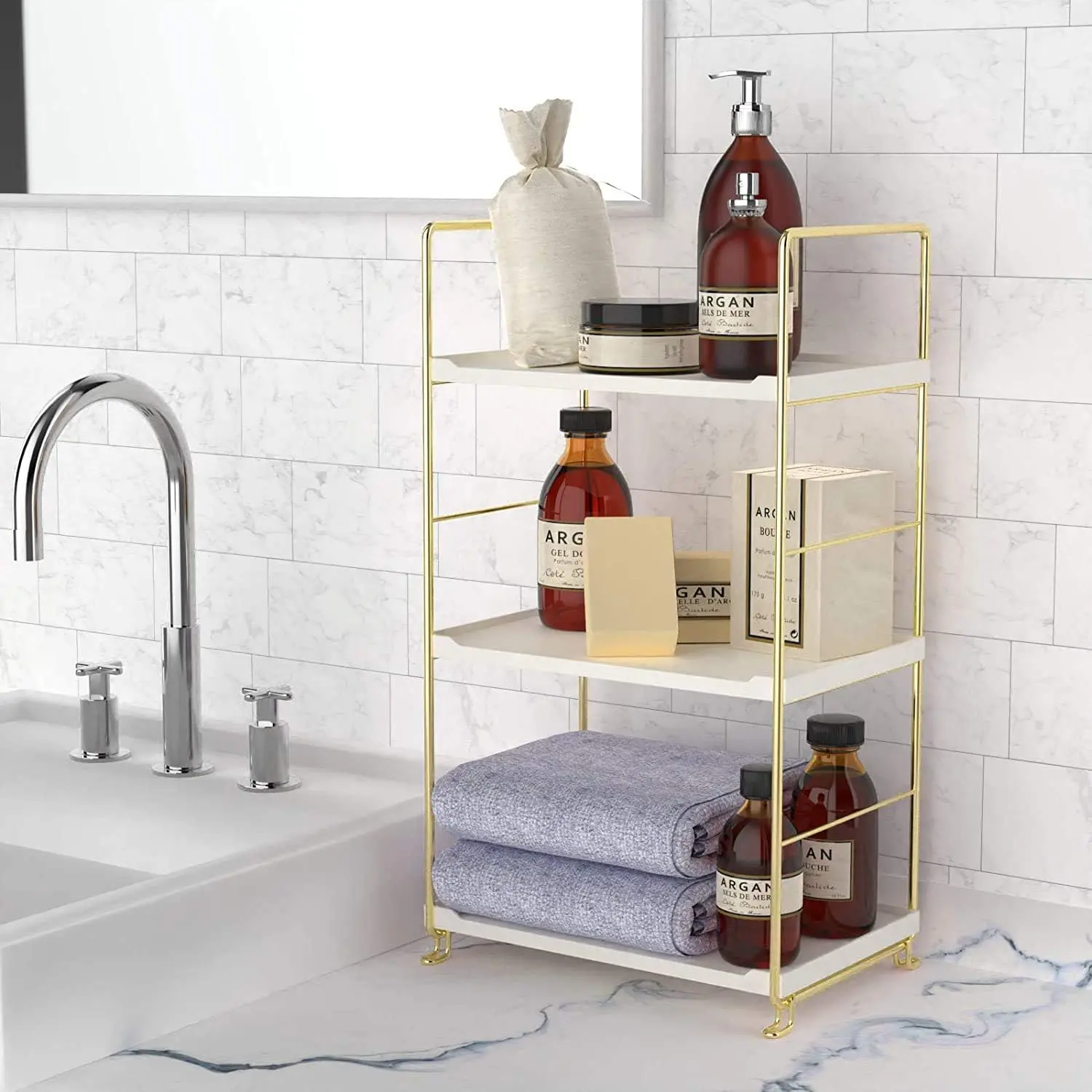 3-Tier Kitchen  Rack, Freestanding Stackable Organizer Shelf, Bathroom Countertop Storage Shelf,  Organizer Holder, Square Standing Rack (Golden)