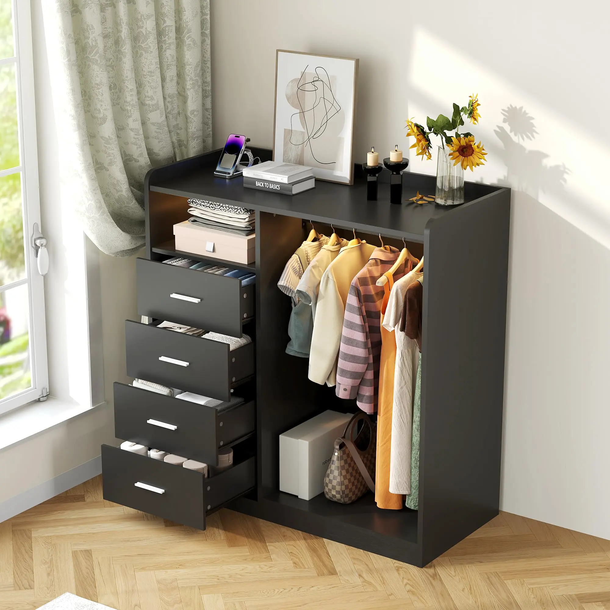Modern 4-Drawer Wardrobe Closet Organizer with Hanging Rack, LED Lights & Charging Station, Sturdy Wood Large Storage Cabinet with Open Shelves for Bedroom, Black Natural Fiber