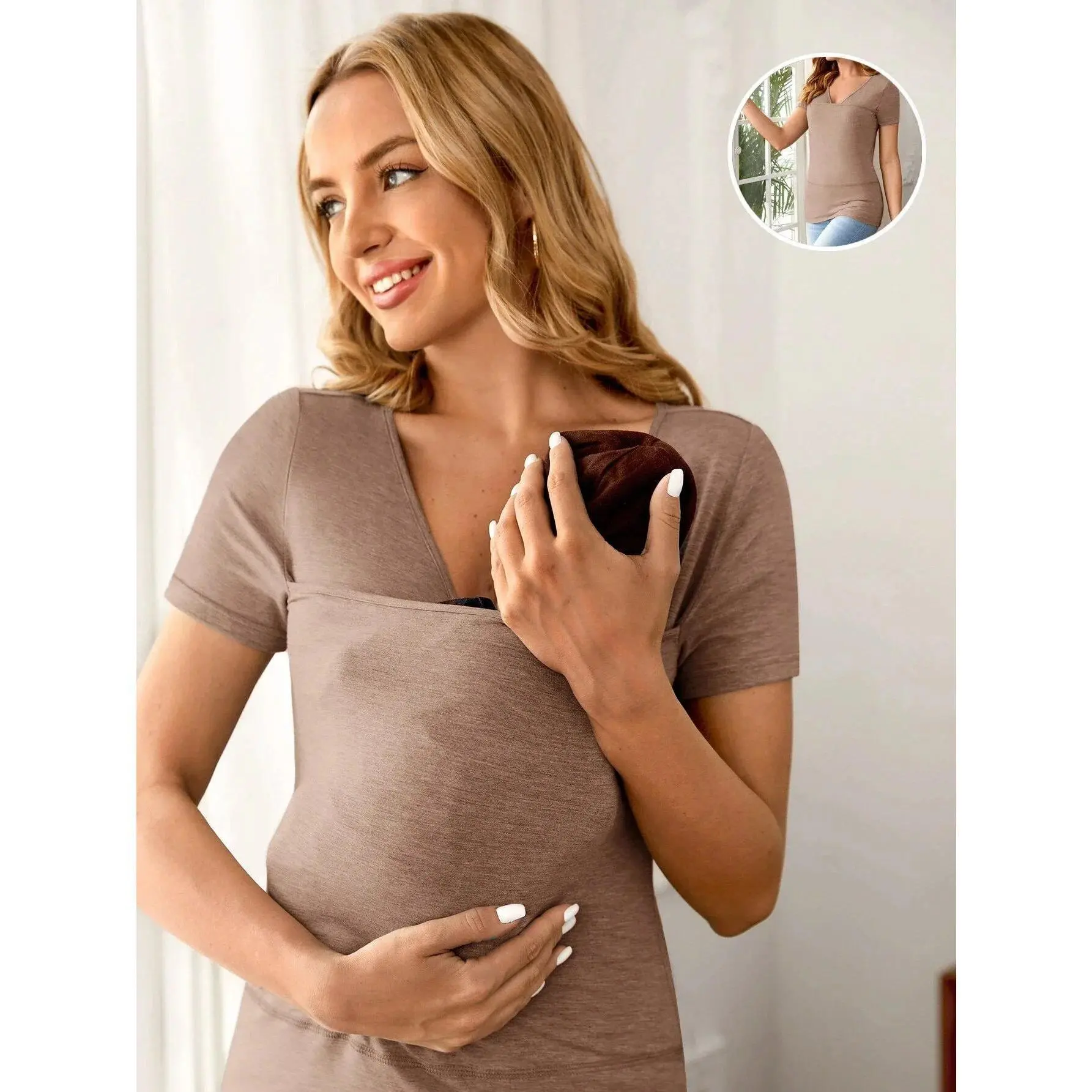 Pregnancy clothesMaternity Nursing Blouse for Women, Casual Short Sleeve V-Neck Apricot Top for Summer Breastfeeding Fashion, Casual Maternity Clothing & Accessories