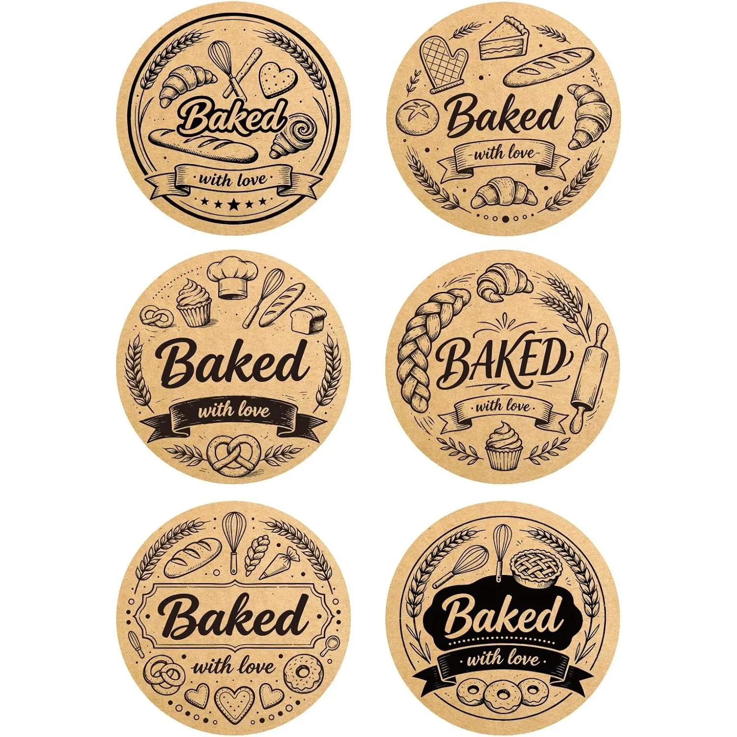 240 count Baked with Love Stickers, 1.6 Inch Round Self-Adhesive  Baking Labels,  Packaging Stickers for Homemade Bread Cookies Goodie Bags  Wrapping,6 Design