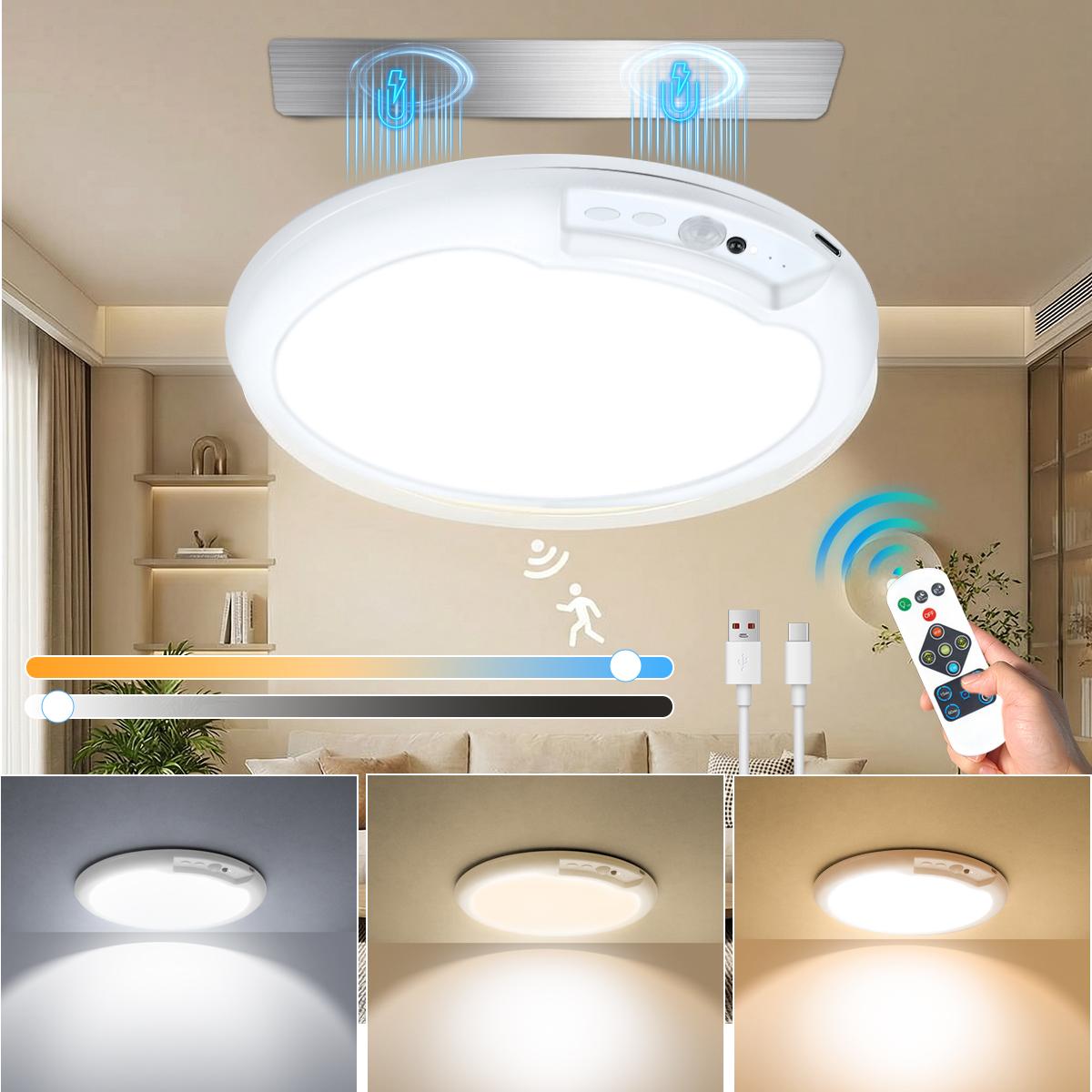 Rechargeable Motion Sensor Ceiling Light with Remote - Magnetic Battery Powered, 3 Color Dimmable | Wireless for Shower, Closet, Stairs, Hallway, Shed, Garage Stairs