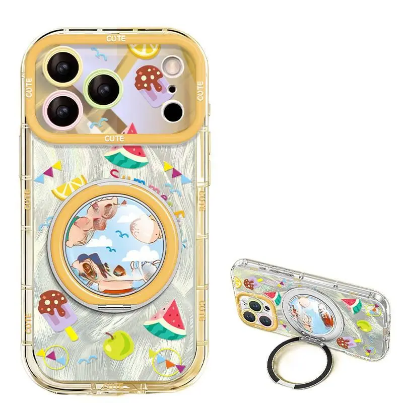 Watermelon Shin-chan phone case suitable for iPhone 17 Pro Max, 15 feather yarn, 16 rotating stand, 14/13 smartphone, personalized anti-drop and shockproof protective cover for women