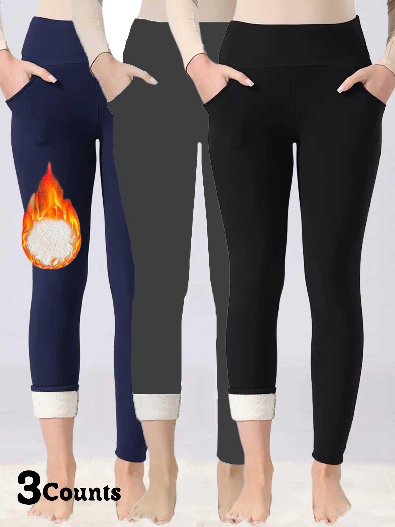 Women's Fall Winter High Waist Fleece Lined Leggings, Skinny Yoga Bottoms, Sporty Tight-Fitting Yoga Pants with Pockets, Warm Thick Woven Fabric
