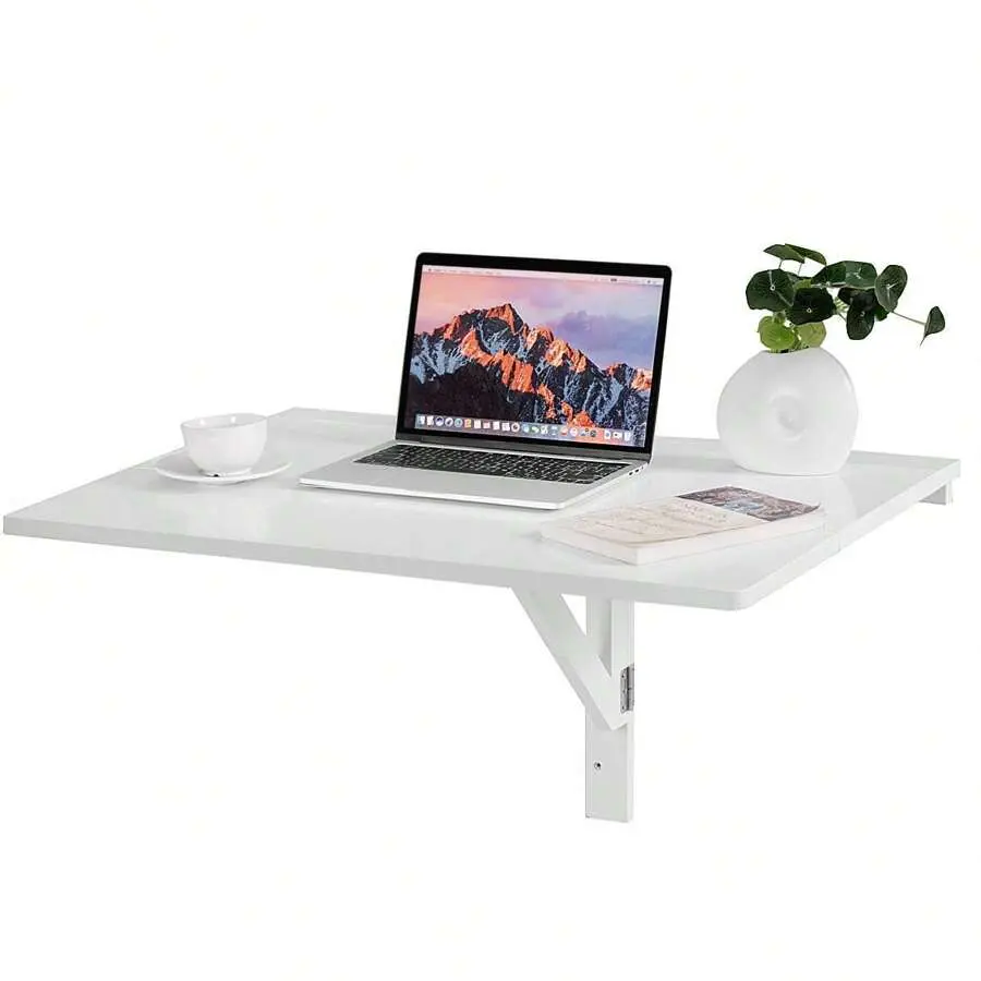Wall-Mounted Drop-Leaf Fold Rectangular Table - Steel Wall Bracket Space-Saver, Lightweight Indoor Kitchen Dining Desk, Outdoor Patio Table White