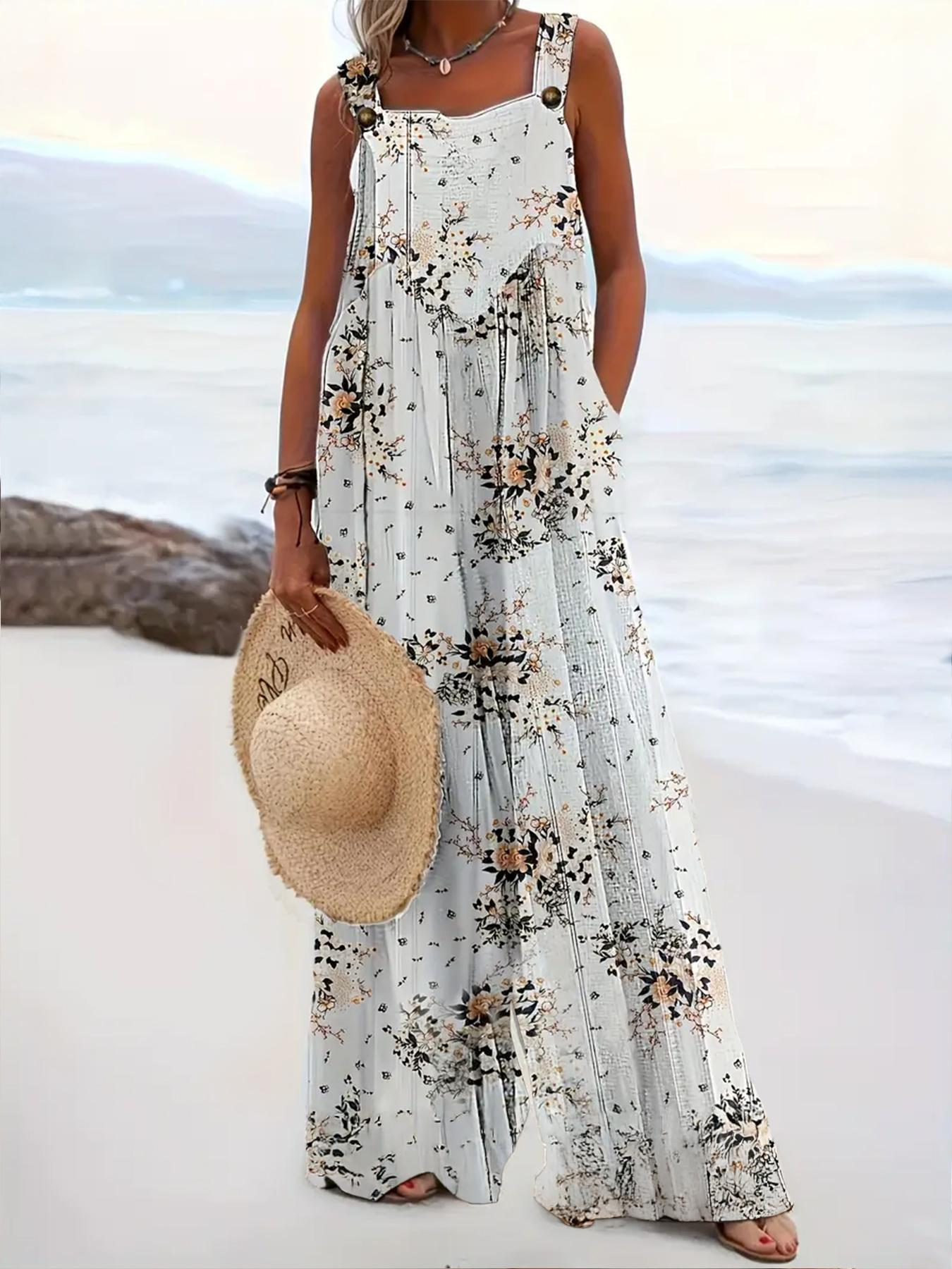 Plus Size All Over Print Floral Button Design Overall Jumpsuit, Boho Casual Sleeveless Wide Leg Jumpsuit for Beach Holiday Vacation, Women's Clothes for Summer