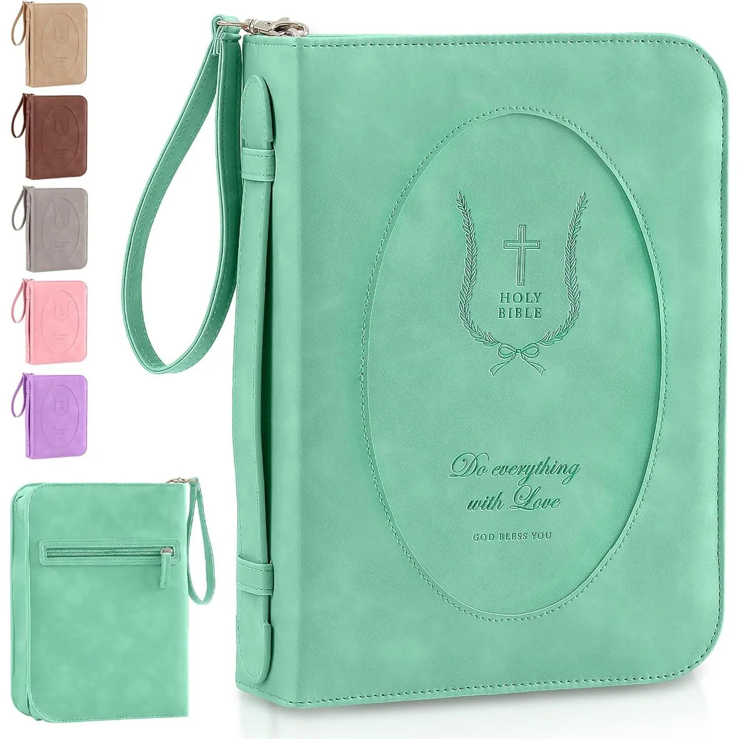 Leather  Cover for Women - Large Zippered Case with Handle and Pockets, Floral Book Protector for Study or Church, Christian  for Girls and Women, Large Size Bibles (Green)