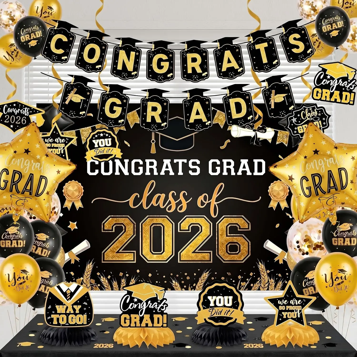Class of 2026 Decorations Black and  Graduation Decorations 2026 with Backdrop Banner  Swirls  Centerpieces for High School College Graduation Decorations