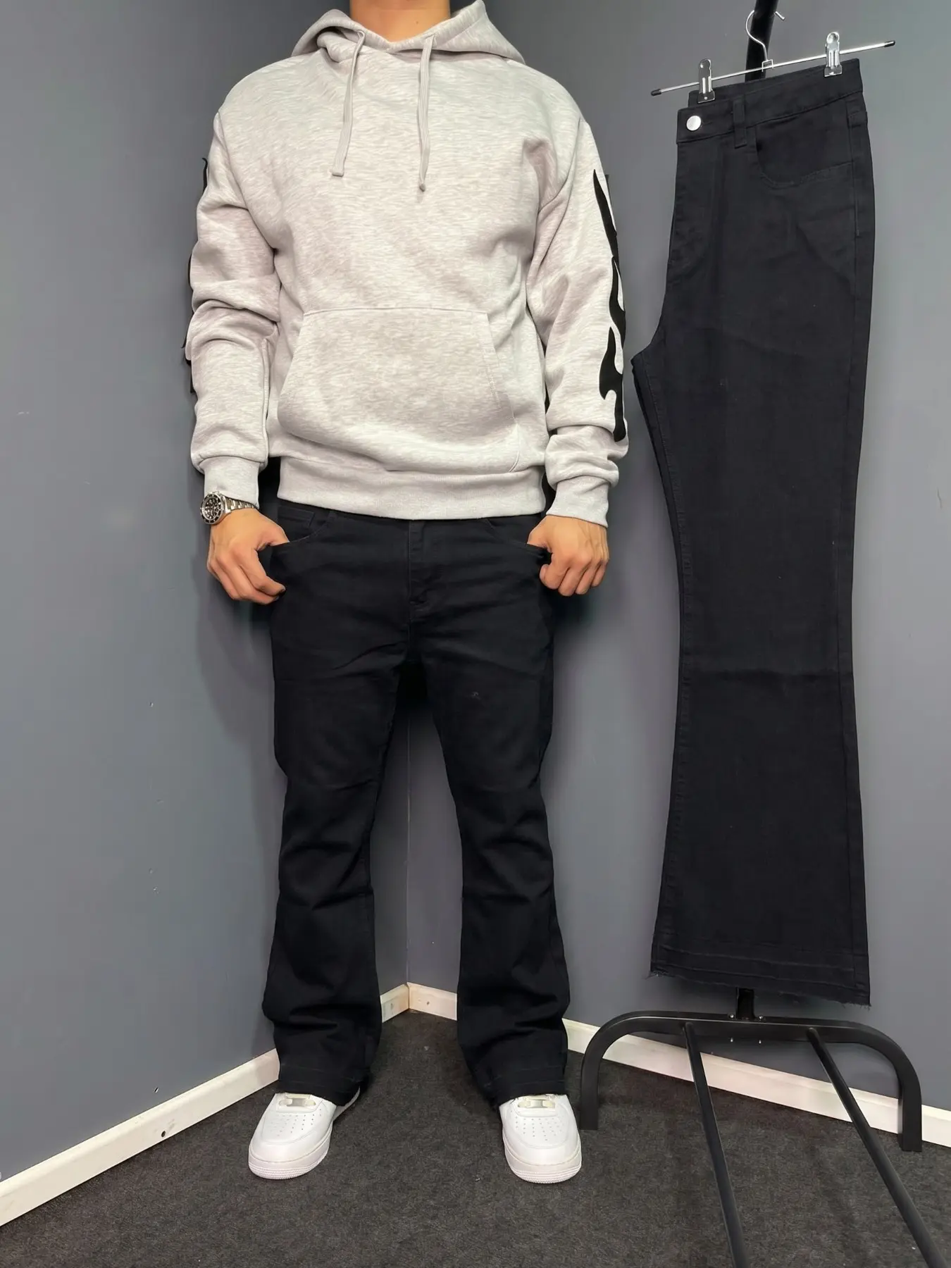 Men's Four-Season Plain Color Double-Layer Frayed Edge Slim Fit Stretch Micro Flare Denim Jeans, American Y2K Retro High Street Streetwear Clean Fit Casual Long Pants