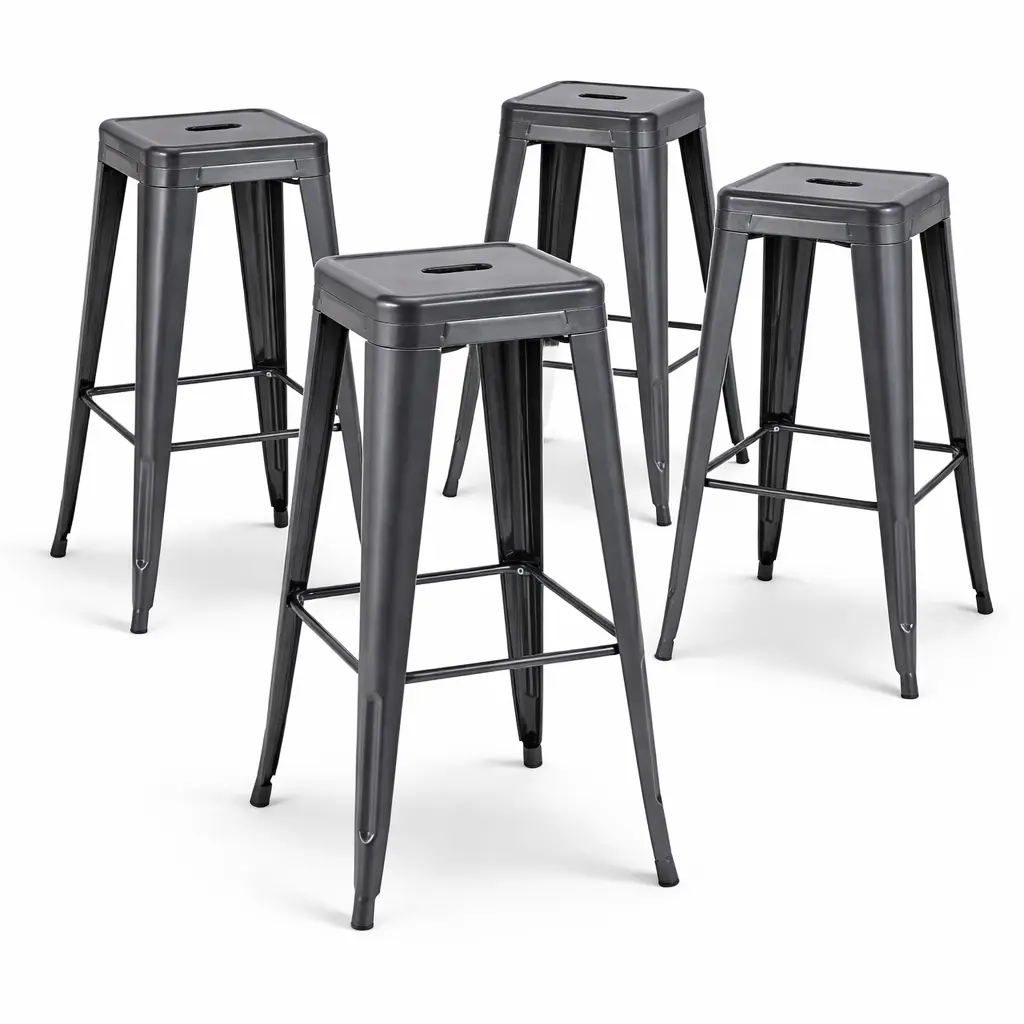 Deepspace Grey Metal Bar Stools Set of 4, 30 Inch Bar Height Stools One-Piece Cold-Rolled Steel, Sleek Tech-Industrial Stools for 40-42" Counter, Stackable Heavy-Duty Barstools
