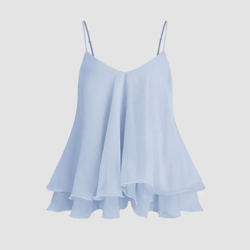 Women's Summer Solid Polyester Chiffon Spaghetti Strap Camisole Top - Adjustable Back Tie Bow Straps, Ruffle Flounce Hem, Loose Flowy Tank Blouse for Beach, Smooth Fabric, Casual Layer Shirt to Match Bottoms & Cardigans (Multiple Solid Colors), Oversized,