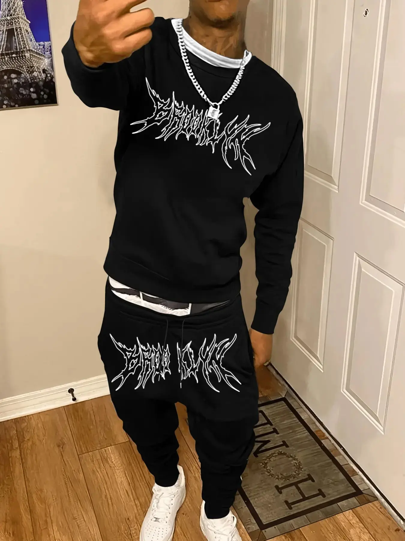 Y2K Dark Gothic Streetwear Kit, Youth Kits For Teen Boys Black Long Sleeve Sweatshirt And Printed Sweatpants White Abstract Flame Letter Graphic Relaxed Fit Soft Casual Fabric Elastic Waist All Day Comfort For School Street Photoshoot Music Fes