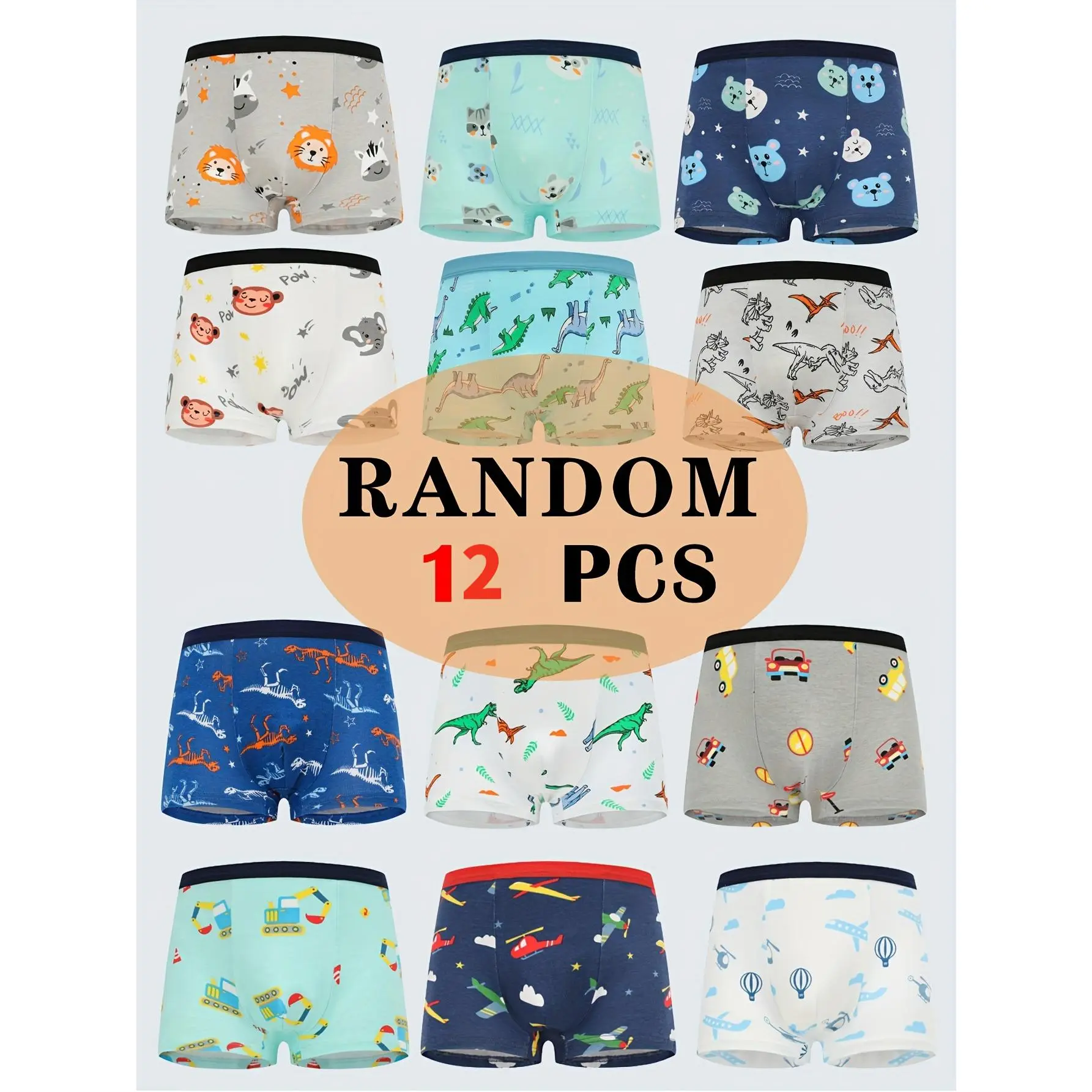 DM [12pcs Boys' Boxer Shorts] Random 10pcs Assorted Boys' Boxer Shorts Featuring Cartoon Animal Designs, Made from Elastic And Comfortable Material