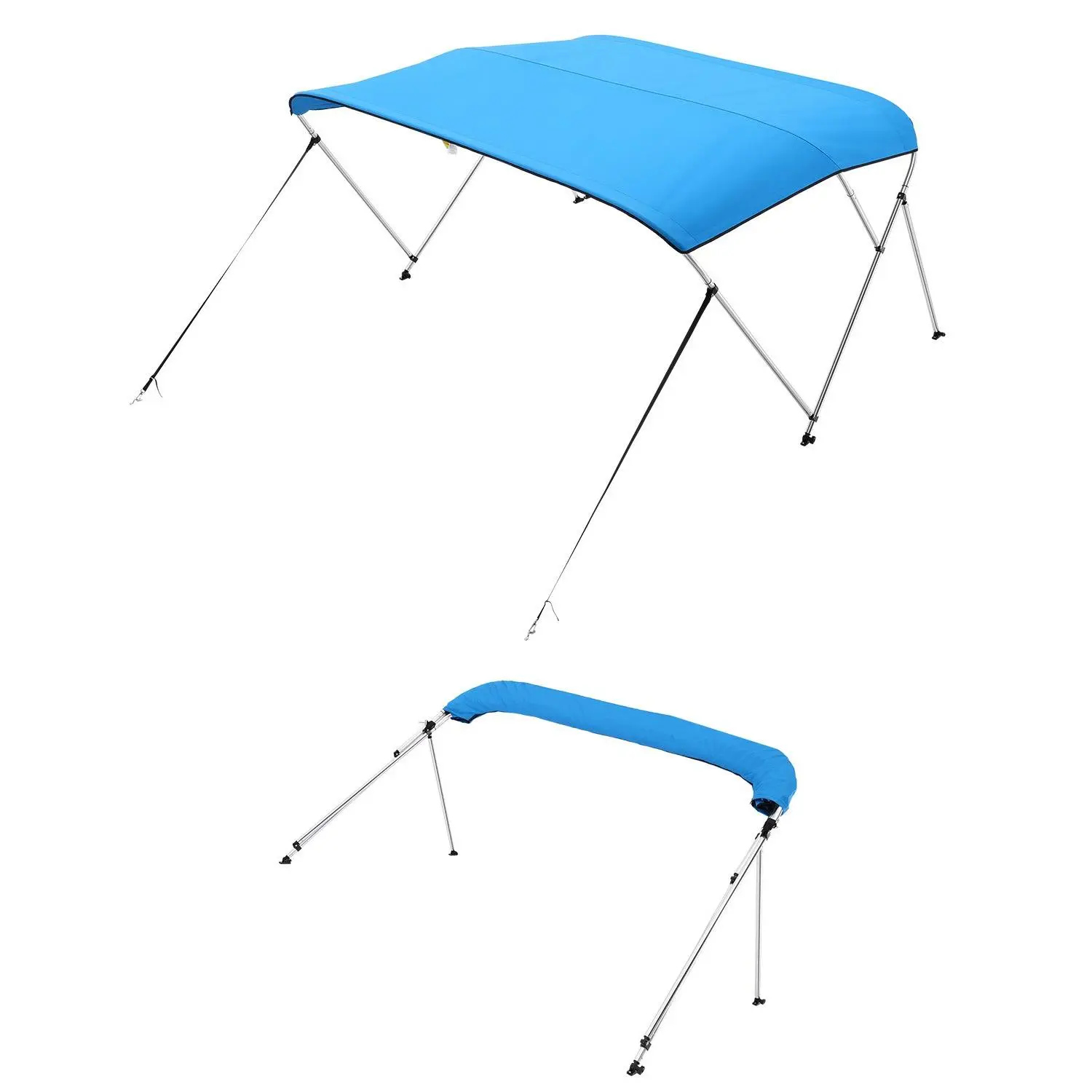 VEVOR 3 Bow Pontoon Boat Bimini Top, 600D Polyester Canopy with Aluminum Alloy Frame, Waterproof UV Protection Boating Accessory, Compact Folding Sun Shade with 2 Support Poles, 4 Straps, Storage Bag, 6'Lx(54"-60")Wx46"H Pacific Blue, 6' L X 46'' H