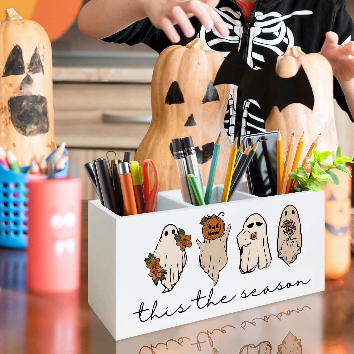 Halloween Ghost Pumpkin Pen Holder, Cute Desk Organizer, Spooky Season Office Decor, Back to School Gift