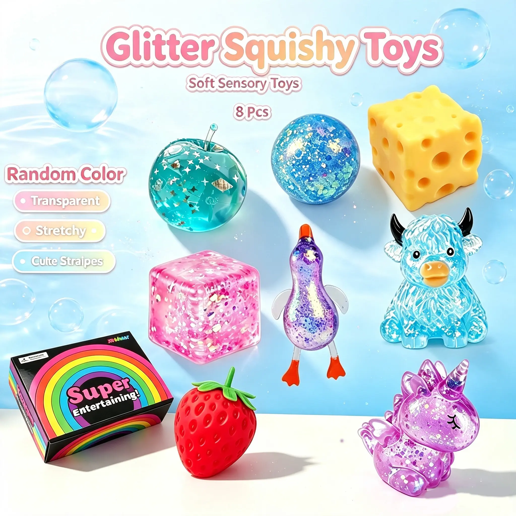 Multifaceted Shiny Clear Squishy Toy Bundle of 8, Slow Rebound Stretch Anxiety Relief Hand Fidgets with Unicorn Cow Duck Apple Cheese Strawberry Cube Ball, Ideal Holiday Birthday Gift for Boys Girls