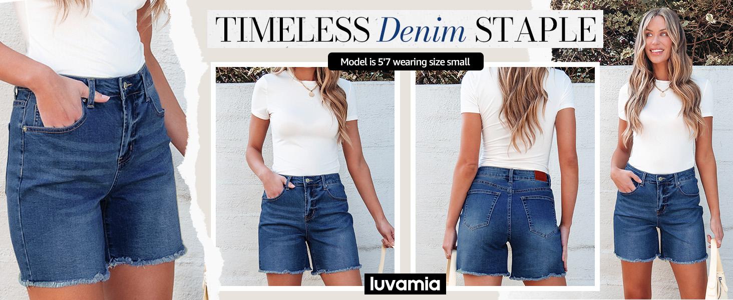 luvamia Jean Shorts for Women Trendy High Waisted Stretchy Denim Summer Casual Raw Hem Mom Long Shorts Cutoff Jorts