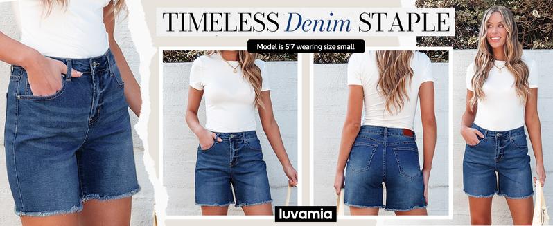 luvamia Jean Shorts for Women Trendy High Waisted Stretchy Denim Summer Casual Raw Hem Mom Long Shorts Cutoff Jorts