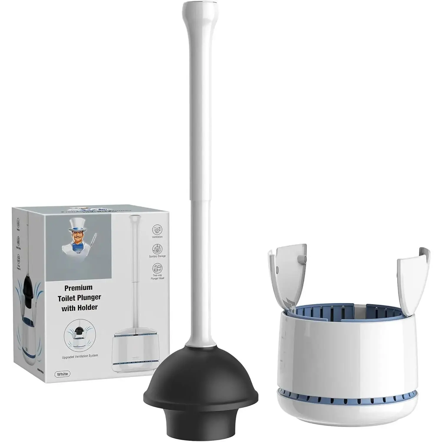 White Industrial Rubber Toilet Plunger with Holder Set - Heavy-Duty Bathroom Accessory, Wide and Flat-Top Handle, Modern Clog-Clearing Gadget, Hotel-Style Ventilation-Enhanced Cleaning Tool