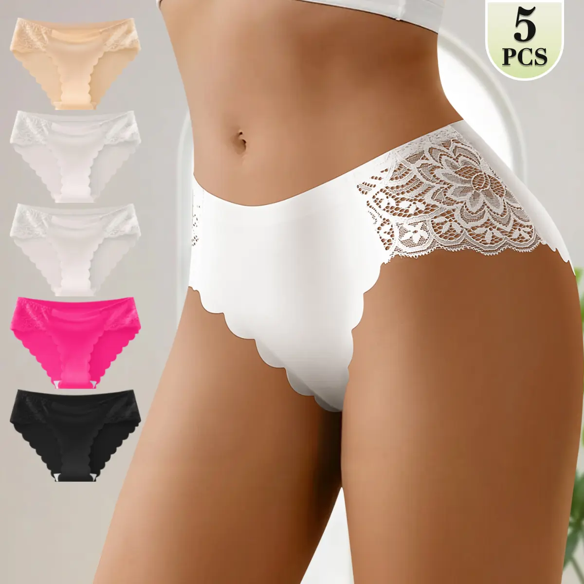 QUASTI Women's 5Pcs Mid-Rise Seamless Lace Trim Elegance Briefs, Scalloped Wave-Edge Invisible Panties, Silky Cool-Sense High-Elastic Breathable Skin-Friendly Fabric Underwear, No-Roll-Edge No Panty Lines for Daily Wear, Yoga