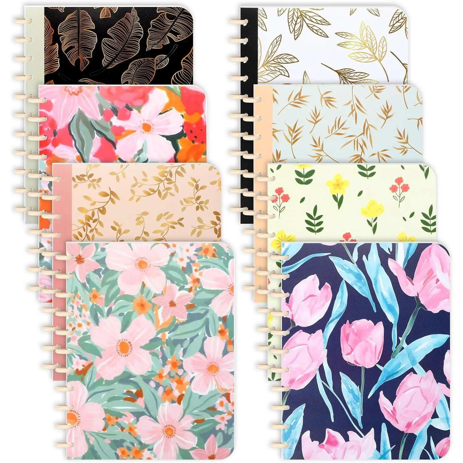 8-Set Discbound Notebook Cover with Discs, 8.9"x11.5" 11-Hole Colorful Floral Loose Leaf Refillable Planner Cover, Office Stationery for Students, Work & Office Use