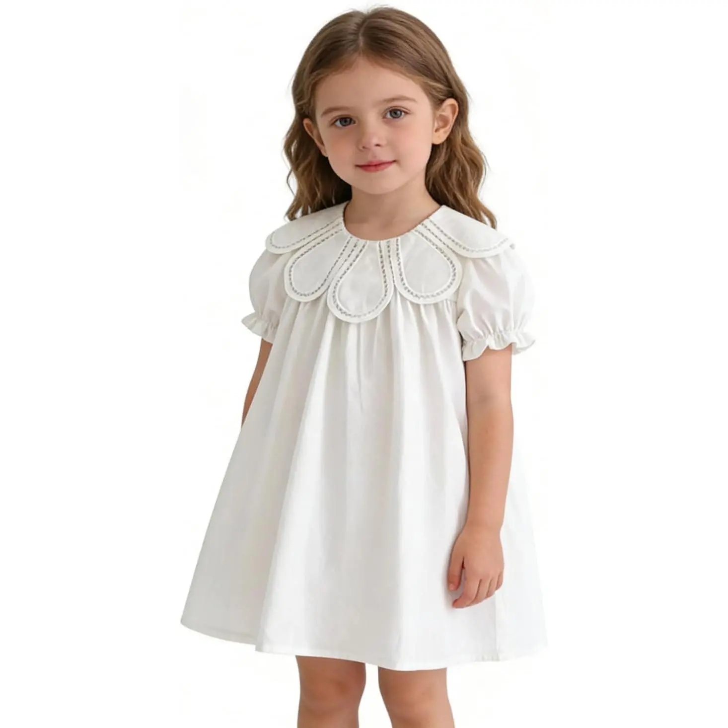 Toddler Baby Girls Cotton Casual Vintage Dresses with Smocked Petal Collar Flower Collar