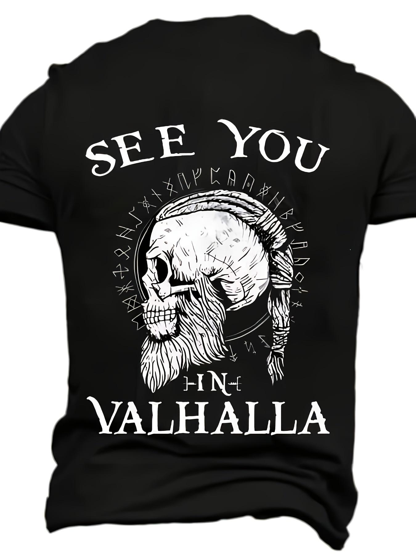 Men'S Breathable cotton Short-Sleeve T-Shirt - Features an All-Over Viking Skull And Valhalla Graphic Print, Designed in a Sporty Street Style Suitable for Running And Casual Wear, Machine Washable with a Regular Fit, Vibrant Lifestyle