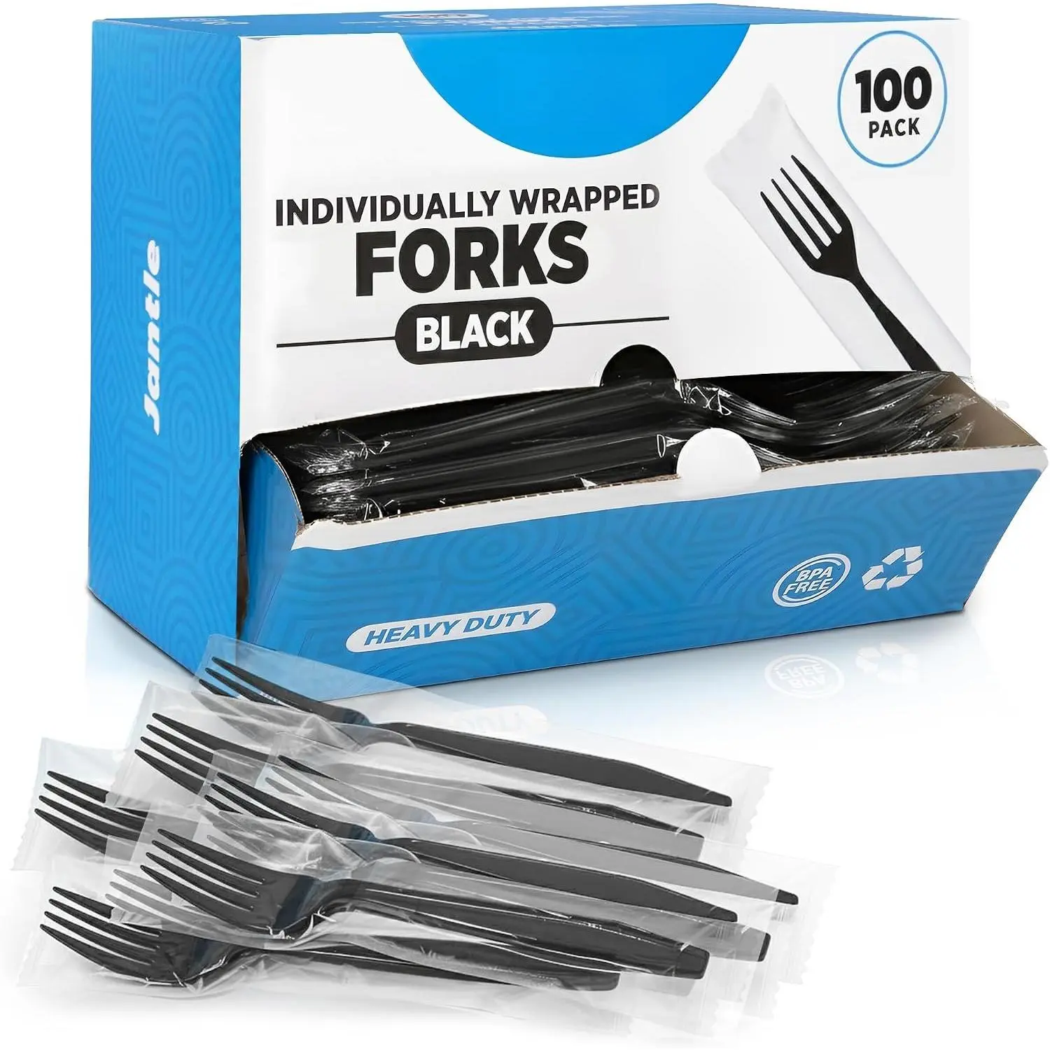 Individually Wrapped Heavy Duty Plastic Forks with Dispenser Box, Black Disposable Spoons 100 Pack - Disposable Utensils for , Office, Restaurant, Catering, To-Go Meals - 100 Count (Black)