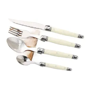 Stainless Steel Flatware Set Cream White Straight Handle Knife Fork Spoon Japanese Korean Style Steak Cutlery Dessert Spoon Premium Silverware Kitchen Utensils