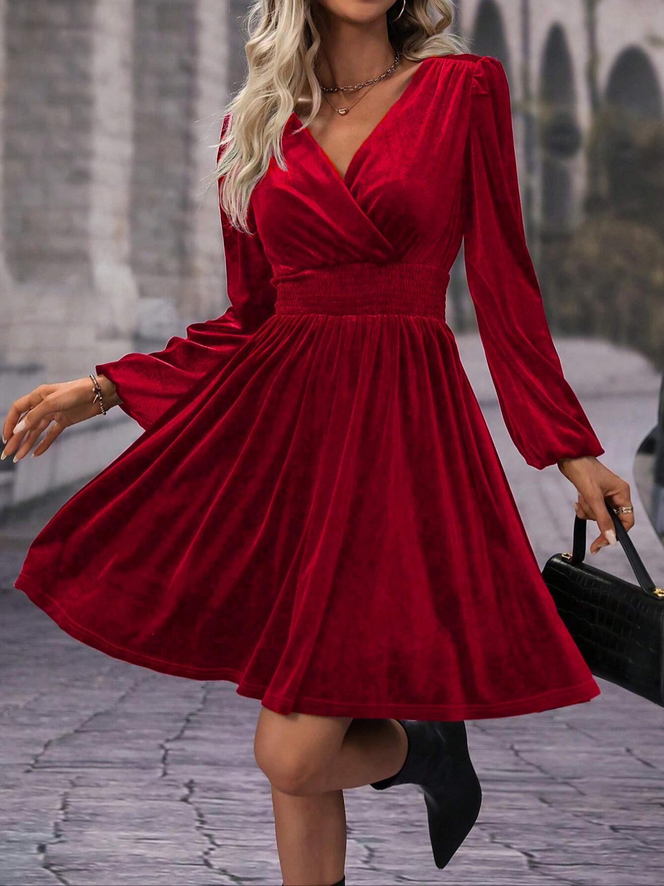 Women's Velvet Satin Dress, Waist Cinched Lantern Sleeves, Slimming Design, Party Wear, High-End Feel, Spring & Fall Fashion