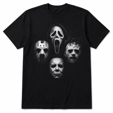 Men's Cotton Short-Sleeve Horror Mask Graphic T-Shirt - Black Scary Movie Style Top for Halloween Outfits, Casual Menswear Streetwear, Shortsleeve