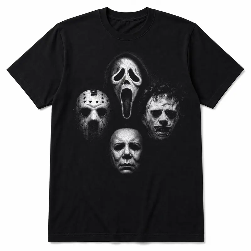 Men's Cotton Short-Sleeve Horror Mask Graphic T-Shirt - Black Scary Movie Style Top for Halloween Outfits, Casual Menswear Streetwear, Shortsleeve