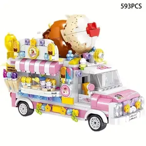 593 pcs of mini vibrant ice cream truck model kit, colorful building blocks with realistic details, perfect for home decoration and educational fun, making it an ideal Valentine's Day or birthday gift for mom, girlfriend, or best friend.