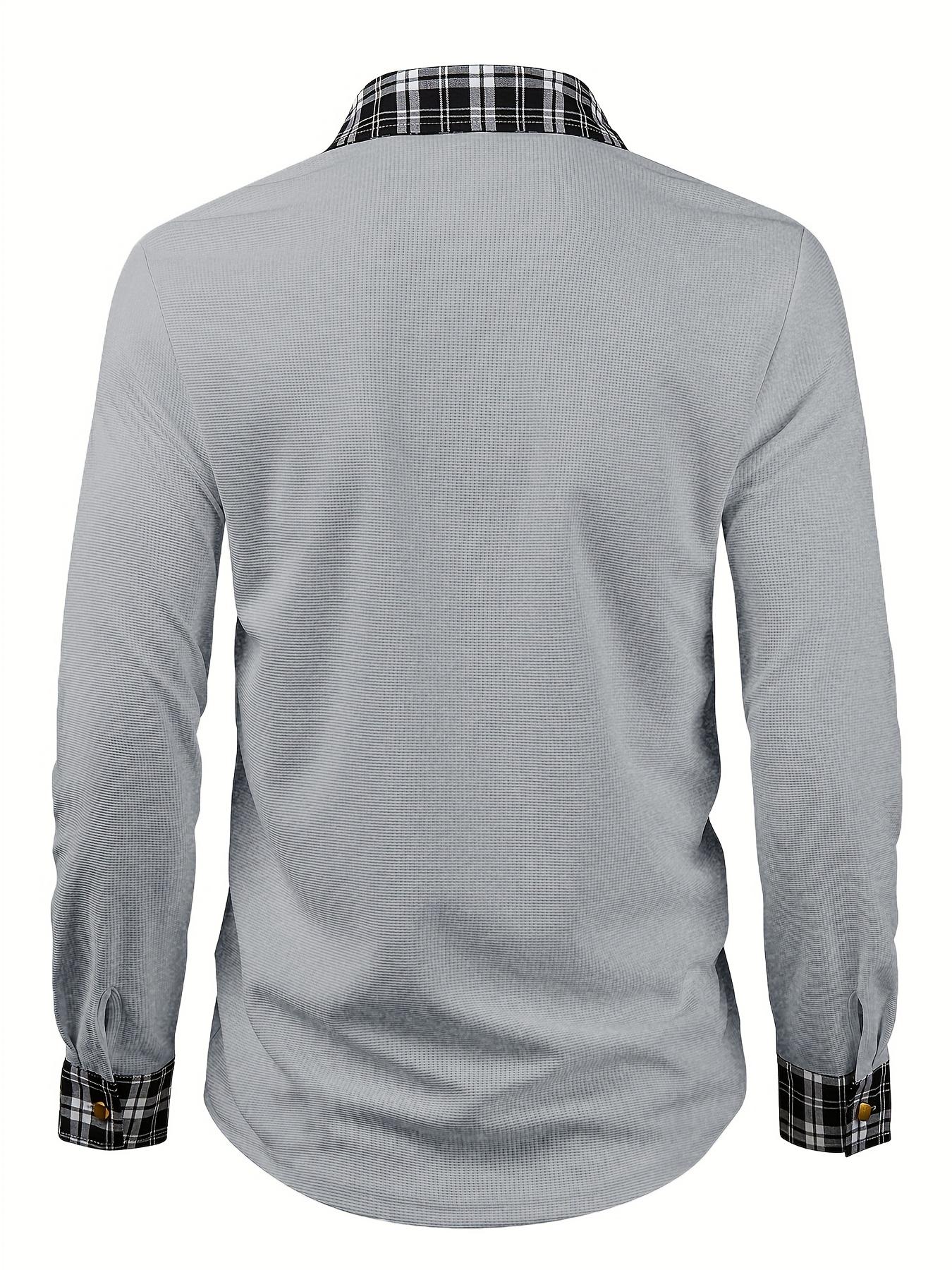 Men's textured waffle grid splicing grid metal design button long sleeved outdoor casual shirt