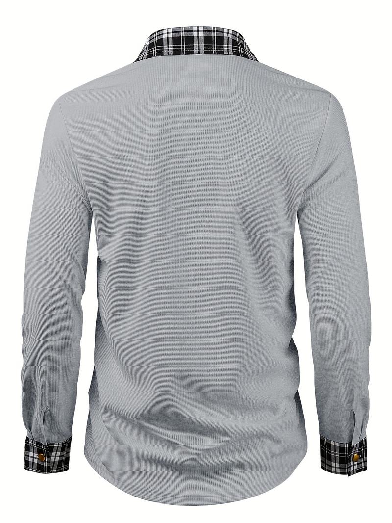 Men's textured waffle grid splicing grid metal design button long sleeved outdoor casual shirt