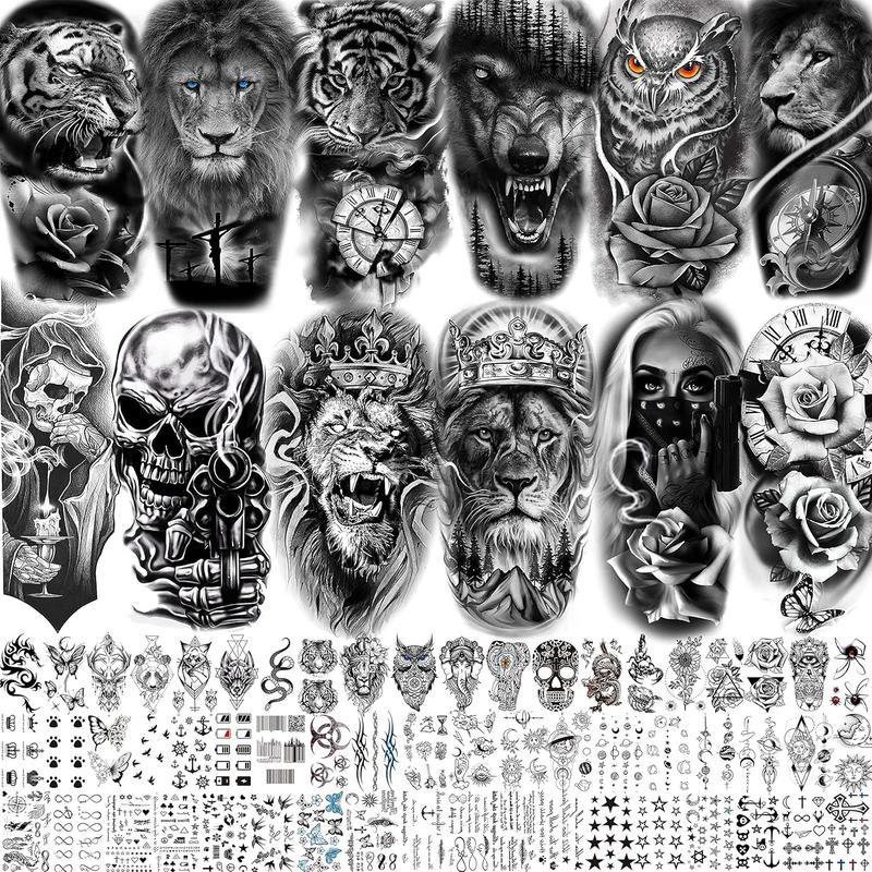 69 Sheets 3D Realistic Tiger Lion Temporary Tattoos For Women Forearm Men Arm, Half Sleeve Wolf Owl Skull Skeleton Waterproof Fake Tattoos For Adults Thigh, Black Animal Bulk Tattoo Sticker