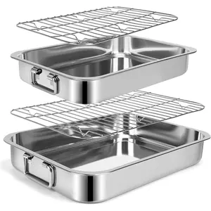 2 Pcs 12.7"15.5" Stainless Steel Roasting Pans with Handles, Baking Pan for Oven with 2 Pcs Flat Racks, Heavy Duty, Dishwasher Safe Rectangular Lasagna Pan for Turkey Chicken, Silver