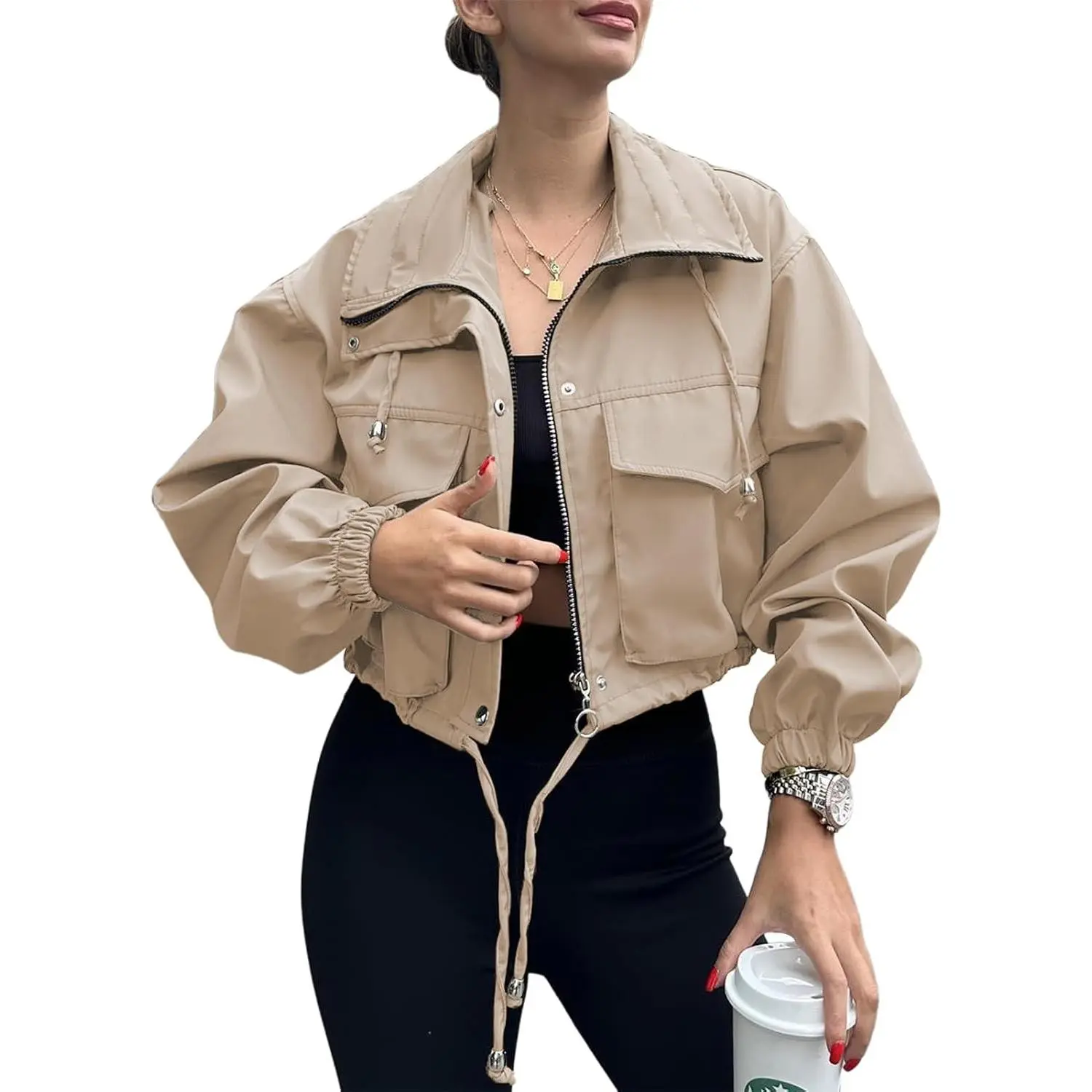 Women's Cropped Zip Up Lightweight Oversized Utility Anorak Coat with Pockets - Casual Fashion Jacket for Daily Wear