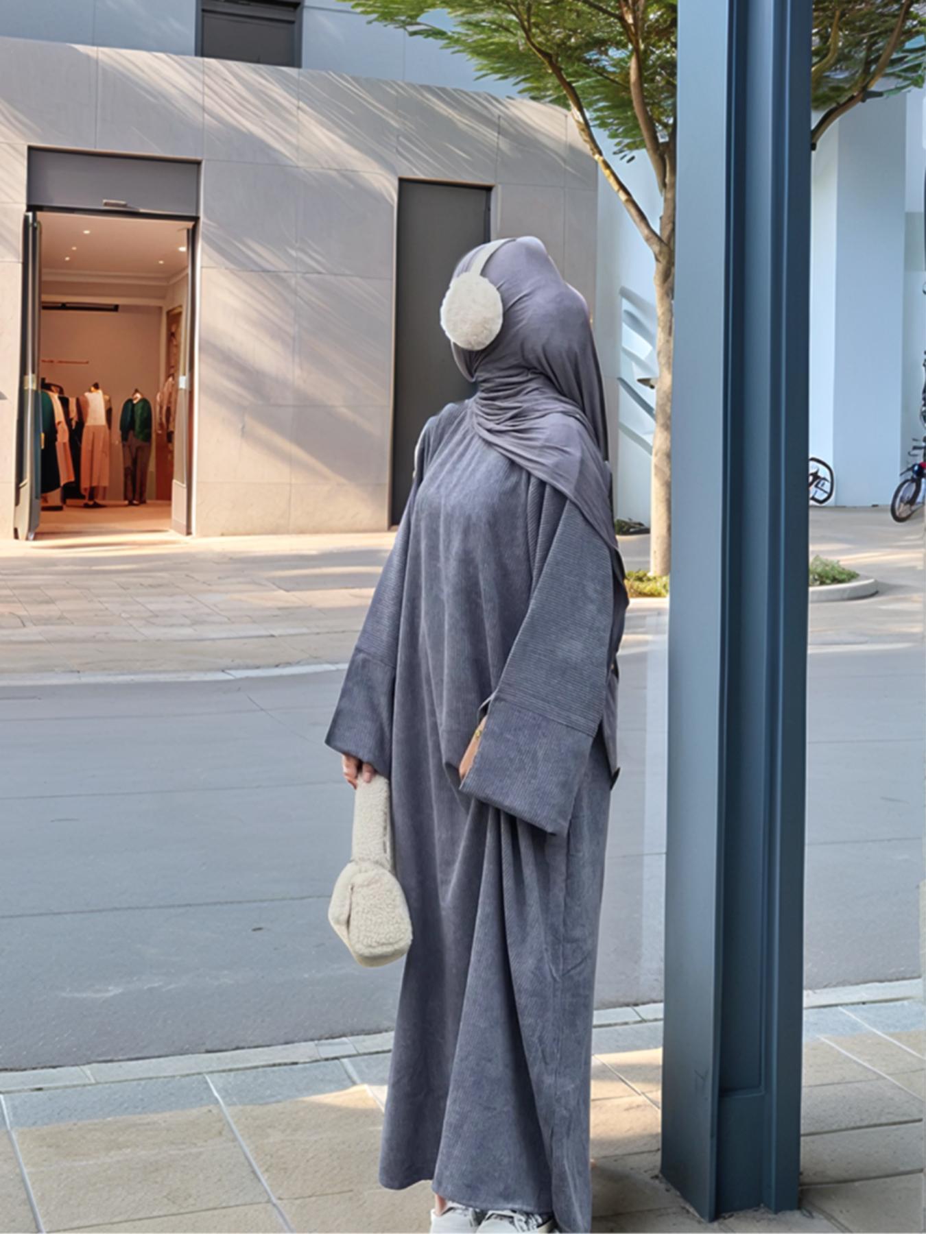 Women's Solid Color Split Sleeve Corduroy Robe, Modest Long Sleeve Round Neck Robe for Fall & Winter, Women's Islamic Clothing for Daily Wear, Modest Muslim Outfits