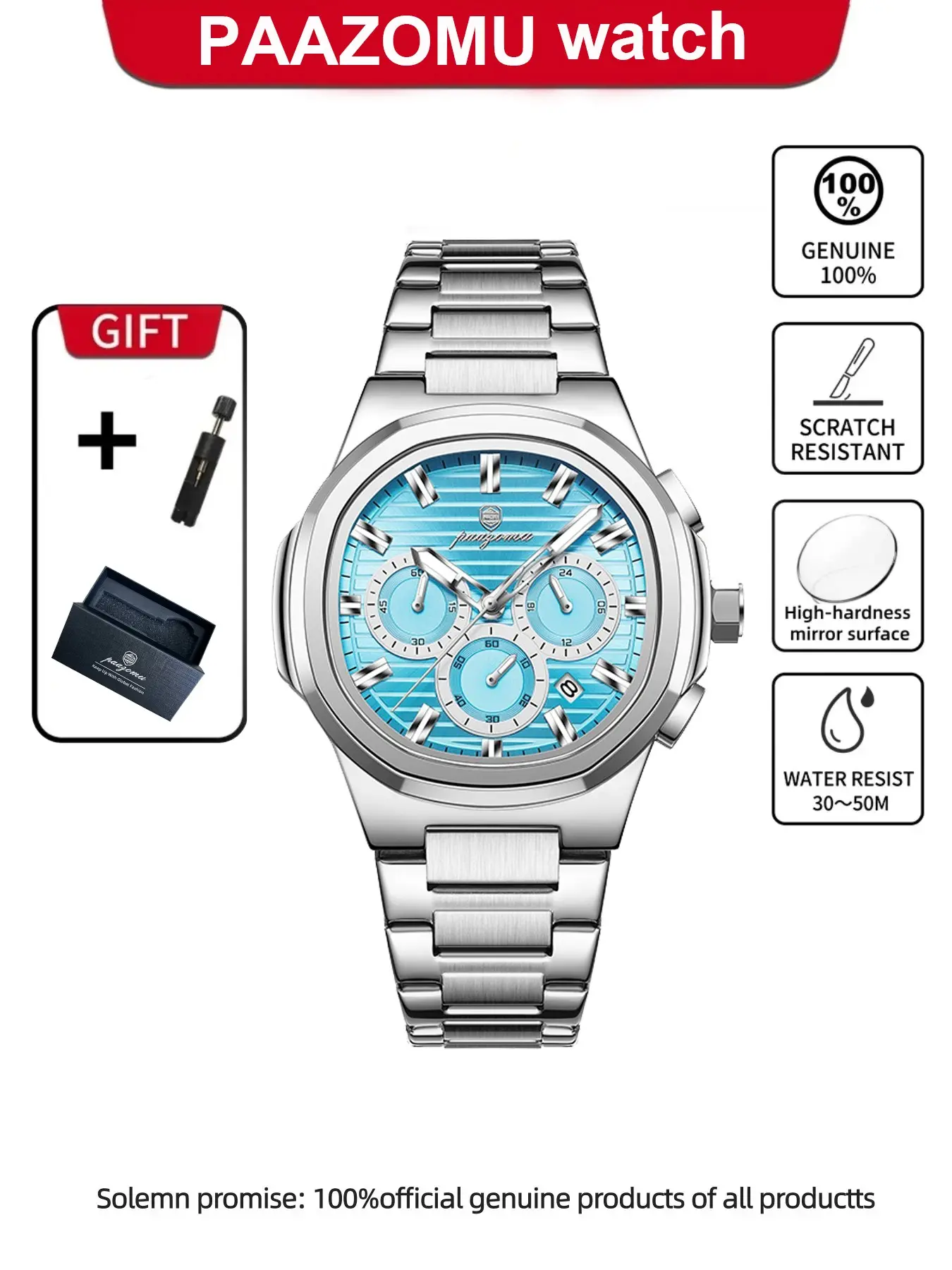 Paazomu Men's Watch, Waterproof Luminous Chronograph, Date Display, Business Style, Quartz Movement, Stainless Steel, Sports Watch