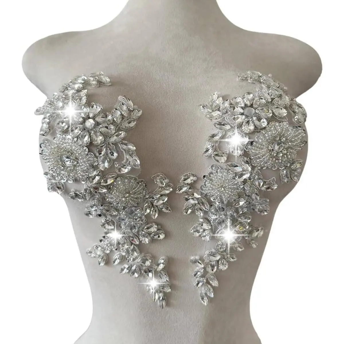 Handmade Shining Rhinestones lace Applique Patches Sewing Beads Sequins Stone Trim Accessories for Wedding Dress 1 Pair/Bag 11X4.3inches (Silver)