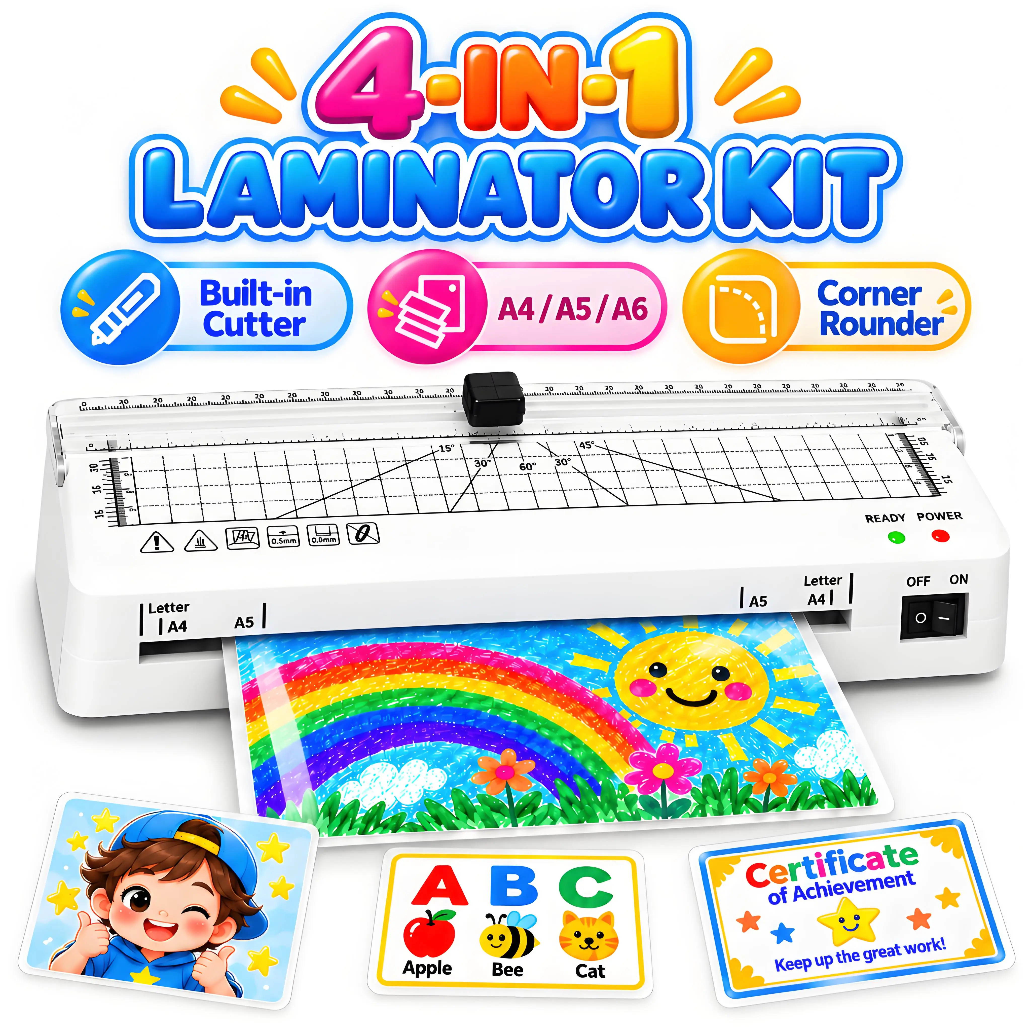 A4 Laminator Machine with ABS Jam Release System - Portable 4-in-1 Laminator Set, Built-in Cutting+Round Tool, Pouches, 3–5 Mil / 80–125 Mic Capacity, Compact for Office, Classroom Use