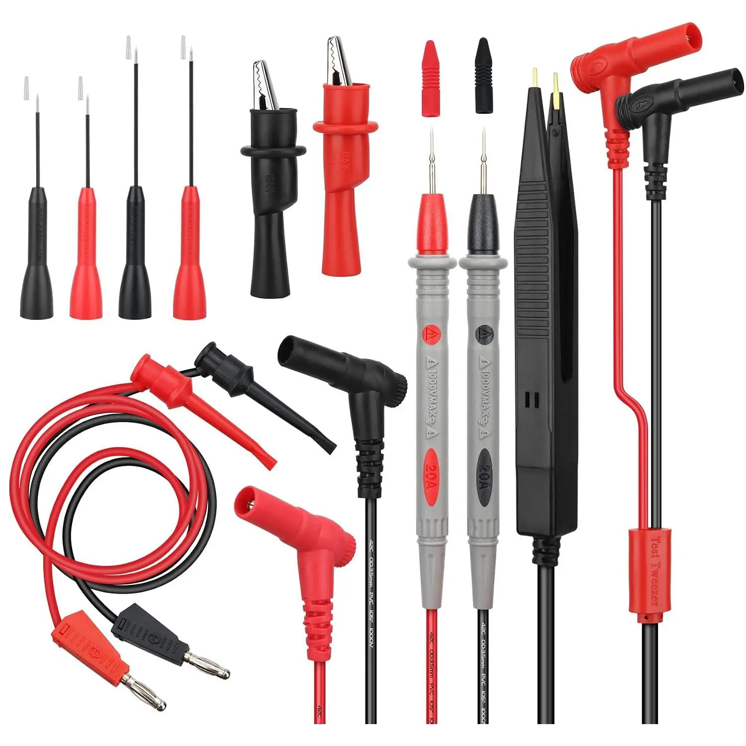 11- Multimeter Test Leads Set,  III 1000V 20A Multimeter Probes with  Clips,  Probe, Banana Plug to Hook Clip, Soft PVC  Meter Lead