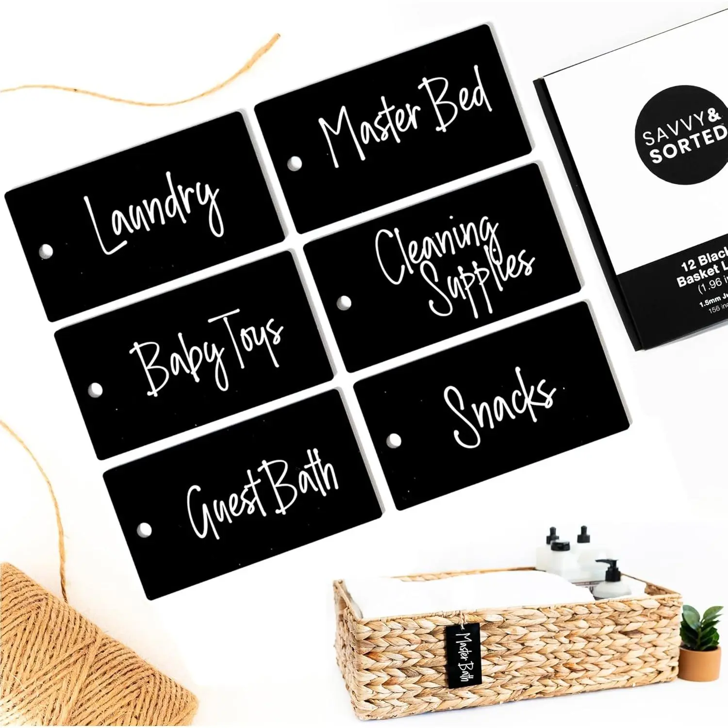 12 Black Basket Tags 3.5" x 2", Acrylic Hanging Tags for Storage Bins with Jute String, Personalized Gift Tag for Clothes Kitchen Pantry Office Organization