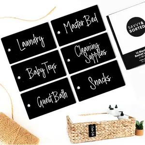 12 Black Basket Tags 3.5" x 2", Acrylic Hanging Tags for Storage Bins with Jute String, Personalized Gift Tag for Clothes Kitchen Pantry Office Organization