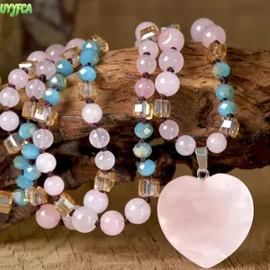 Elegant Hand Knotted Long Beaded Natural Stone Pendant Necklace, Heart & Teardrop Crystal Healing Gemstone Charm,Fashion Mixed Faceted Crystal Bead Strand,Adjustable Wrap Mala Necklace, Boho Layering Jewelry For Women, Valentine,Summervibes